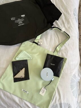Prada Mint Green Tote Bag with Prada mirror and small bluePrada pouch/key holder